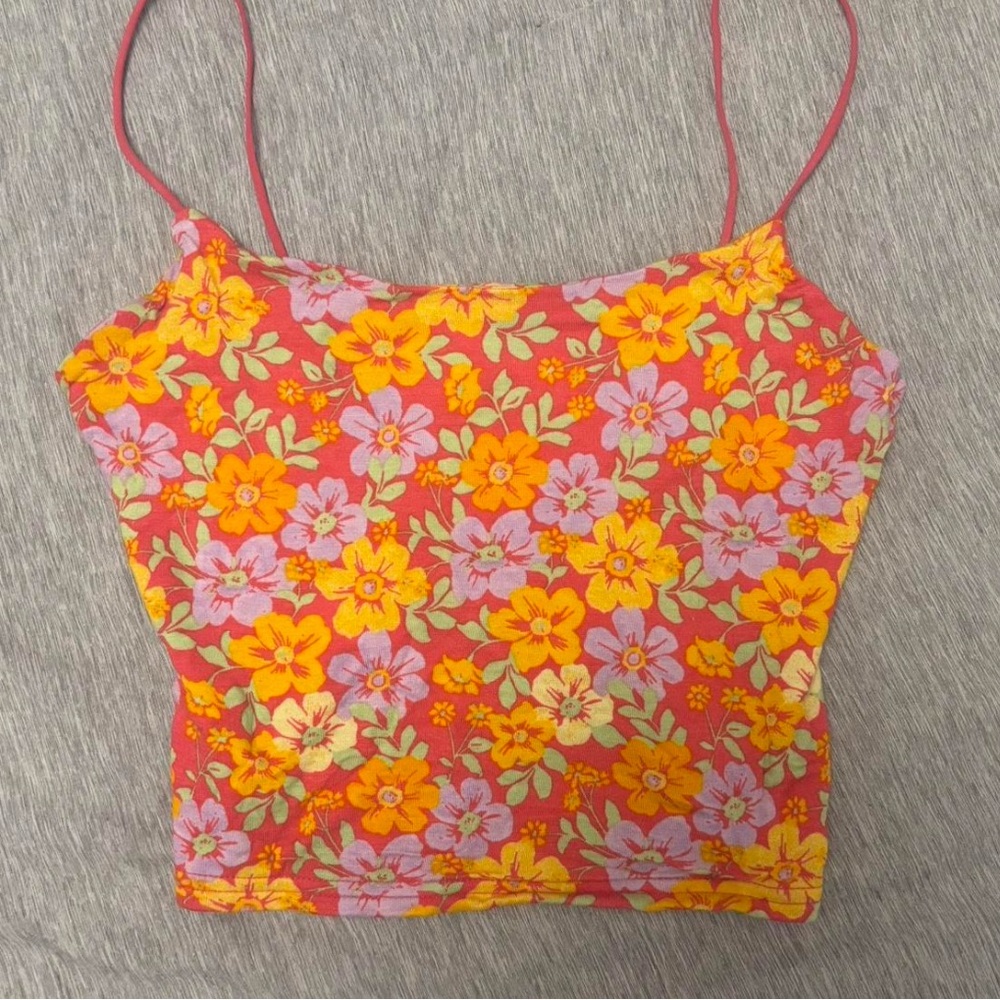 Floral Pink and Orange Crop Spaghetti Strap Top